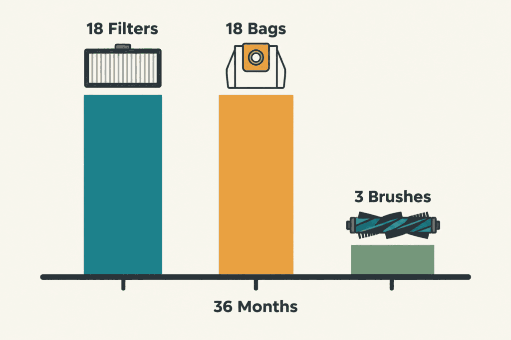 Chart of parts used over 36 months: 18 filters, 18 dust bags and 3 brush sets, with the brush column far shorter than the other two.
