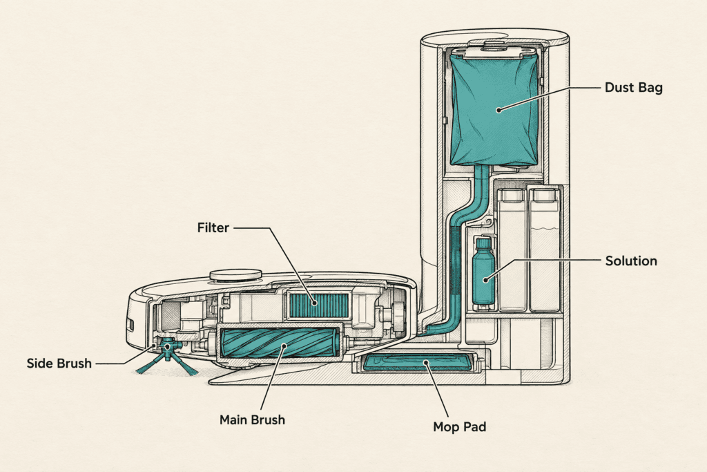 Cutaway side view of a robot vacuum on its dock, with the dust bag, filter, main brush, side brush, mop pad and solution bottle highlighted and labeled.
