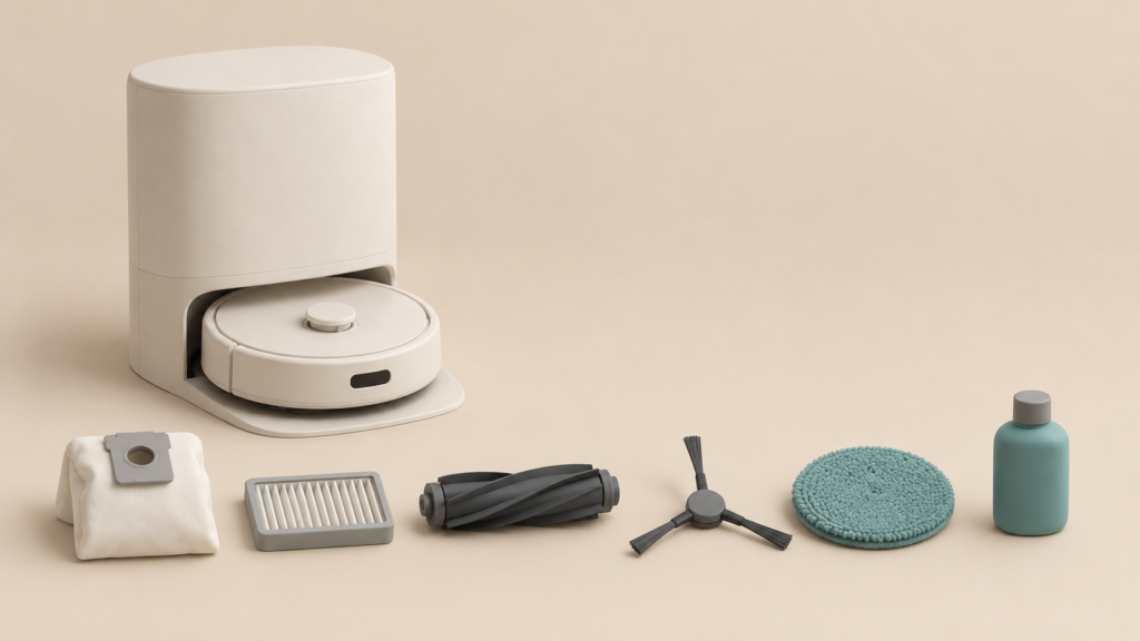 A white robot vacuum on its self-empty dock, with a dust bag, filter, main brush, side brush, mop pad and bottle laid out in a row.
