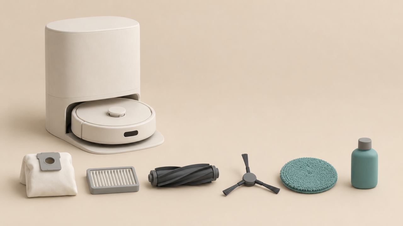 A white robot vacuum on its self-empty dock, with a dust bag, filter, main brush, side brush, mop pad and bottle laid out in a row.