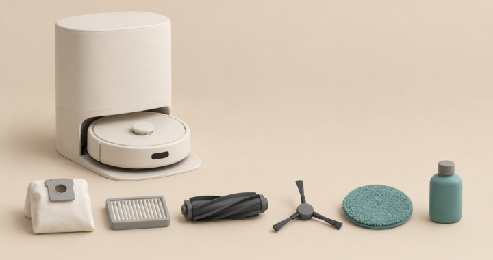 A white robot vacuum on its self-empty dock, with a dust bag, filter, main brush, side brush, mop pad and bottle laid out in a row.