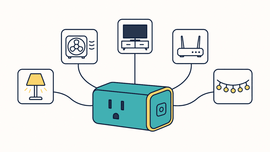 A teal smart plug connected by lines to five icons: a lamp, a fan, a TV, a router and string lights.