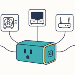 A teal smart plug connected by lines to five icons: a lamp, a fan, a TV, a router and string lights.