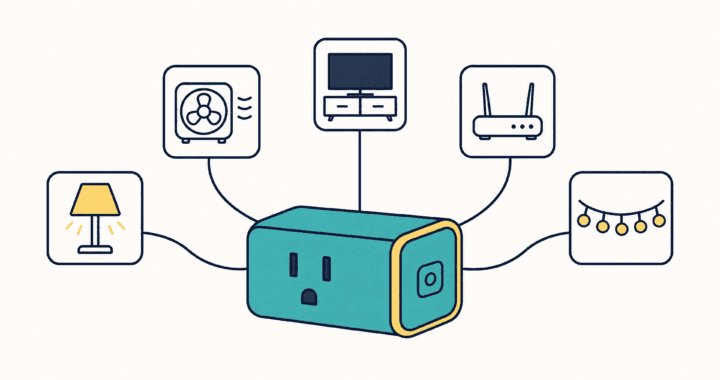 A teal smart plug connected by lines to five icons: a lamp, a fan, a TV, a router and string lights.