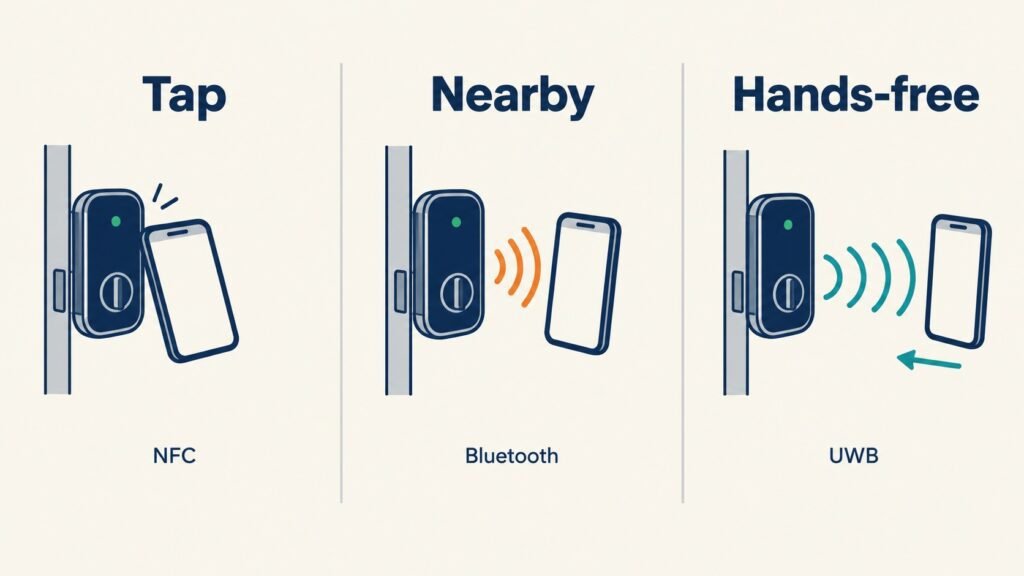 Three ways Aliro unlocks a door: tap with NFC, nearby with Bluetooth, and hands-free with UWB as you walk up.