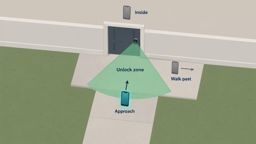 Diagram of a front door with a fan-shaped unlock zone outside it: a phone approaching inside the zone unlocks the door, while a phone walking past or one inside the house does not.