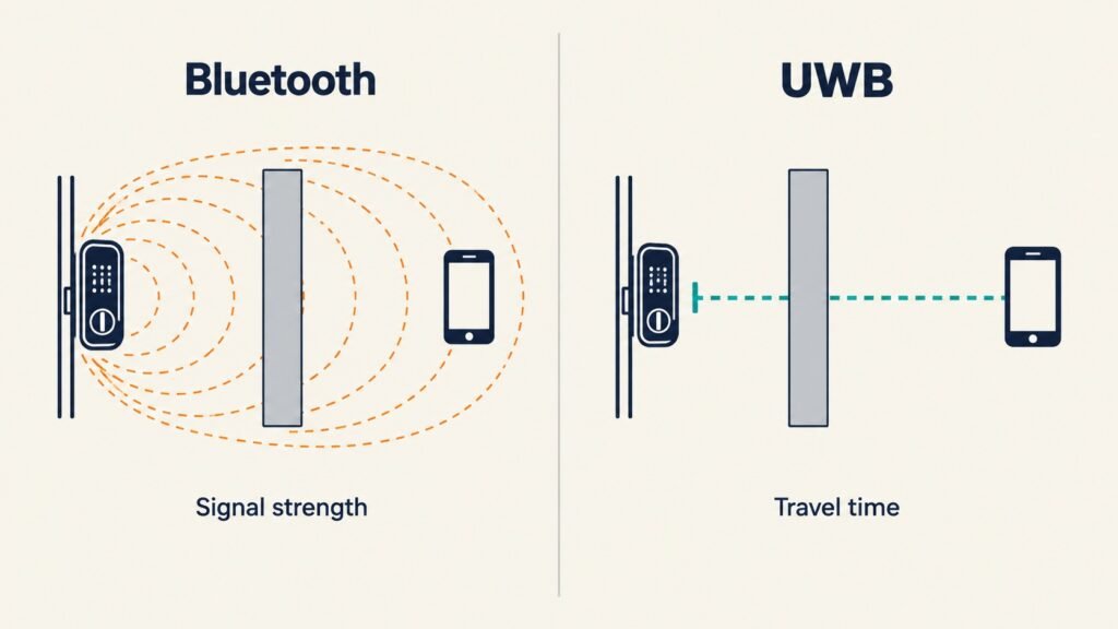 Side-by-side diagram: Bluetooth estimates a phone's distance from signal strength, while UWB times a pulse to measure the exact distance to the lock.
