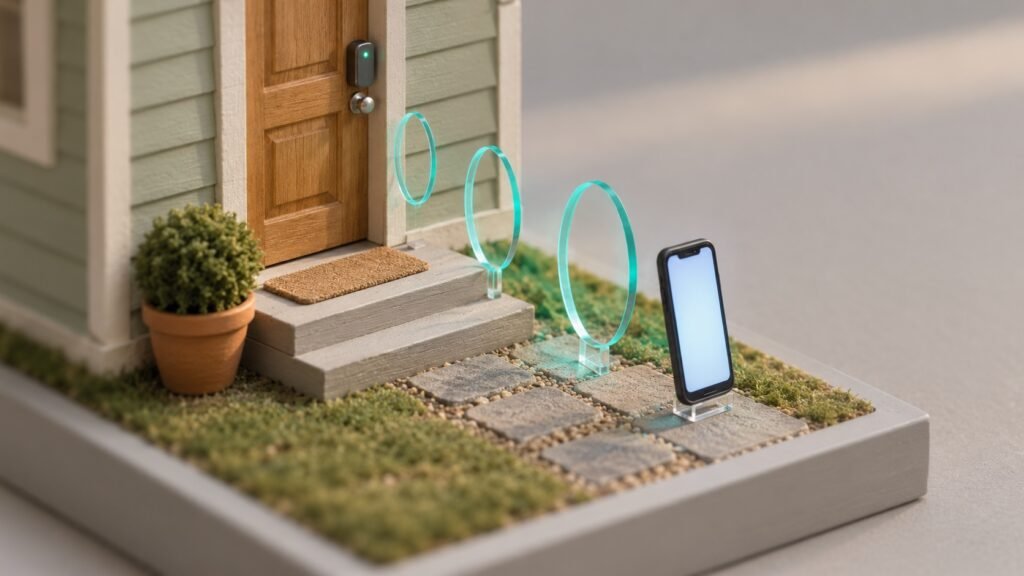 A miniature front porch where a smartphone on the path sends teal pulse rings to a smart lock, whose light glows green as it unlocks.