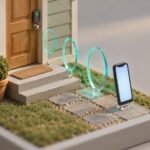 A miniature front porch where a smartphone on the path sends teal pulse rings to a smart lock, whose light glows green as it unlocks.