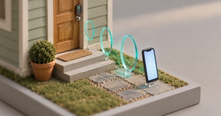 A miniature front porch where a smartphone on the path sends teal pulse rings to a smart lock, whose light glows green as it unlocks.